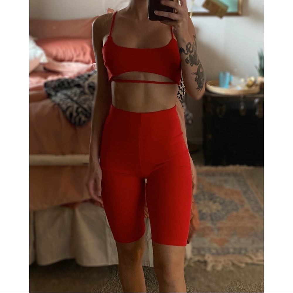 Red underboob biker shorts stretch outfit